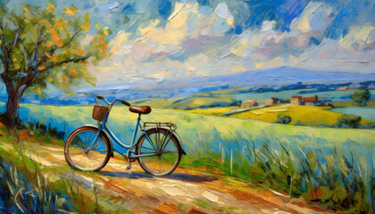 Paint a nostalgic scene featuring a vintage bicycle in the countryside, using oil textures....
