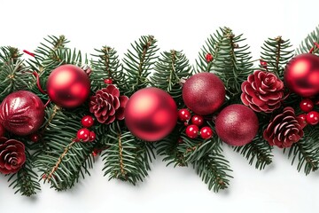 Obraz na płótnie Canvas Christmas decoration with red balls and fir tree branches isolated on white background