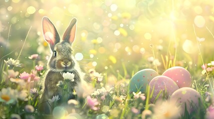 Abstract Defocused Easter Scene  Ears Bunny Behind Grass And Decorated Eggs In Flowery Field,   Ears Bunny Behind Grass And Decorated Eggs In Flowery Field  generated 
