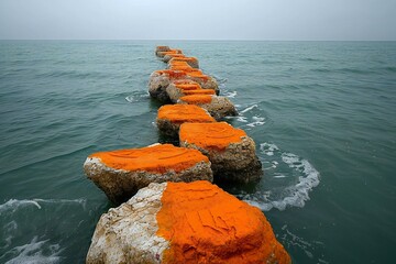 Orange breakwater in the sea on a cloudy day, closeup of photo - obrazy, fototapety, plakaty