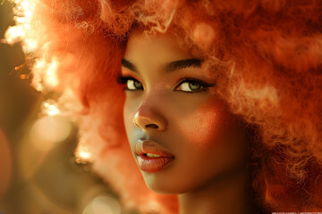Obraz premium A close up of a womans face with red hair and green eyes showcasing her nose, cheeks, lips, chin, eyebrows, eyelashes, jaw, and iris. Her lipstick is a piece of art
