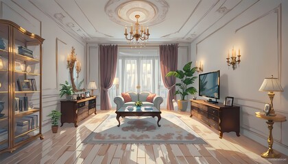 Modern and beautiful living room concept illustration. Generative AI.