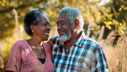 Elderly African American couple enjoying the fresh air outdoors