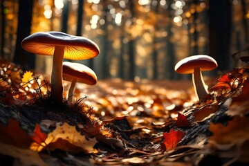 A stunning HD shot capturing the intricate beauty of fresh mushrooms in the heart of an autumn...