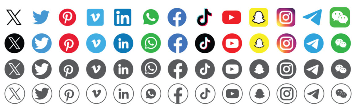 X, twitter, instagram, Facebook, youtube, snapchat, pinterest, whatsapp, linkedin, tiktok Collection of social media logos. eps 10