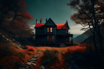 A single house, eerie and creepy, adorned with primary colors, lost in an otherworldly, unreal aesthetic landscape.