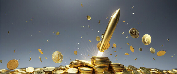 gold stack and flying coins with rocket performance for price increase and bull market concepts as wide banner with copyspace area -   colorful background - obrazy, fototapety, plakaty