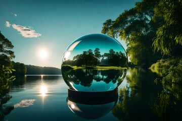 A unique perspective emerges as a crystal lens ball reveals a serene lakeside scene with lush...