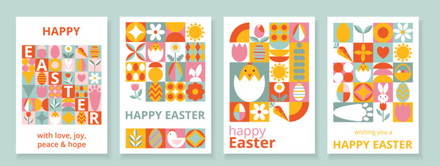 Fototapeta na wymiar 4 celebration cards for Happy Easter with typography. Modern design with simple shapes. Icons with eggs, bunny, flowers, chicken. Bright templates for card, poster, advertising, banner