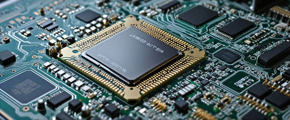 closeup on an advanced microchip or cpu of a powerful computer board with artificial intelligence technical details elements as wide banner design with copy space area -   colorful background