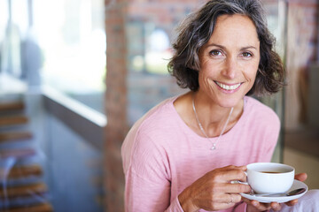 Mature woman, home and smile with coffee to relax on day off and leisure. Female person, holiday...