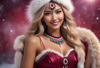 Beautiful asian woman in santa claus costume on snowy background