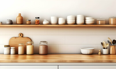 Fototapeta na wymiar Front view of the kitchen wooden countertop