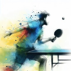 Table tennis player in watercolor paint illustration with Generative AI.