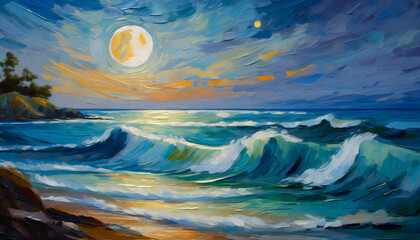 Paint a tranquil ocean scene under moonlight, utilizing oil painting techniques to depict....