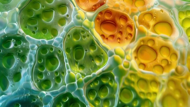 A colorful image of chloroplasts in a plant cell surrounded by countless tiny sacs each containing pigmented chlorophyll molecules. . AI generation.