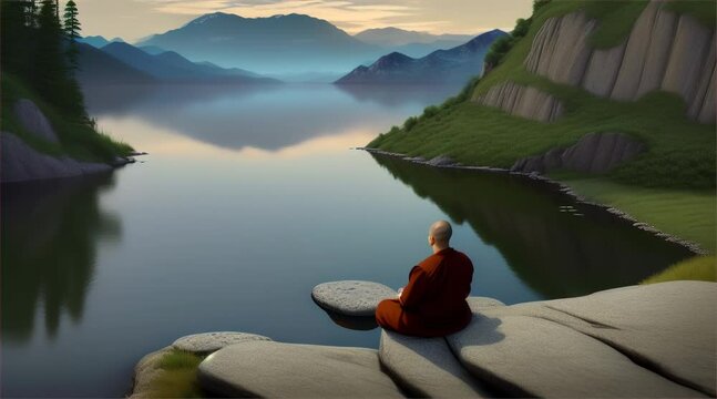 A monk meditates on happiness in the morning by a mountain lake.