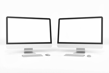 two modern tech blank lcd responsive monitor screen display desktop computer device realistic mockup template with keyboard and mouse 3d render illustration isolated front facing view