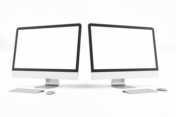 two modern tech blank lcd responsive monitor screen display desktop computer device realistic mockup template with keyboard and mouse 3d render illustration isolated front facing view