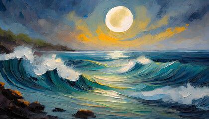 Paint a tranquil ocean scene under moonlight, utilizing oil painting techniques to depict. Generative AI. - obrazy, fototapety, plakaty