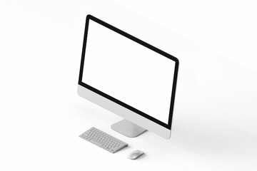 Fototapeta premium one modern tech blank lcd responsive monitor screen display desktop computer device realistic mockup template with keyboard and mouse 3d render illustration isolated in isometric view