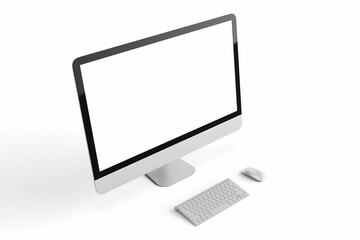 one modern tech blank lcd responsive monitor screen display desktop computer device realistic mockup template with keyboard and mouse 3d render illustration isolated top perspective view