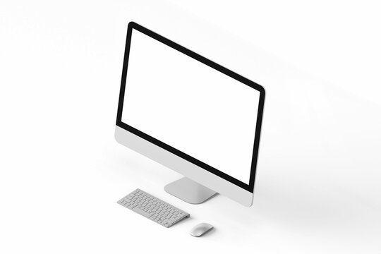 one modern tech blank lcd responsive monitor screen display desktop computer device realistic mockup template with keyboard and mouse 3d render illustration isolated in isometric view