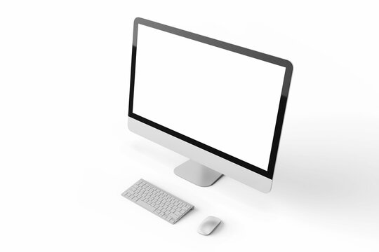 one modern tech blank lcd responsive monitor screen display desktop computer device realistic mockup template with keyboard and mouse 3d render illustration isolated top perspective view