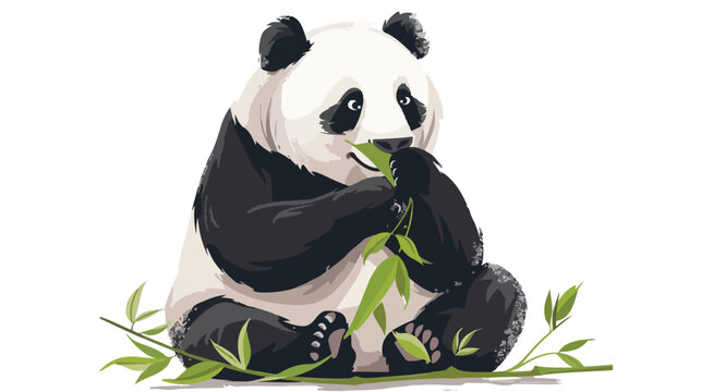 Giant panda bear eating bamboo leaf Flat vector isolated