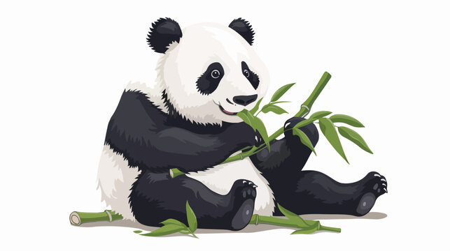 Giant panda bear eating bamboo leaf Flat vector isolated