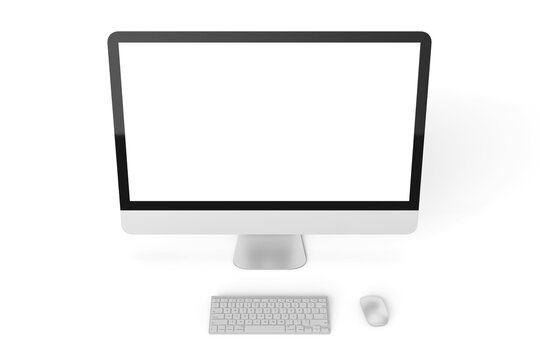 one modern tech blank lcd responsive monitor screen display desktop computer device realistic mockup template with keyboard and mouse 3d render illustration isolated front top view