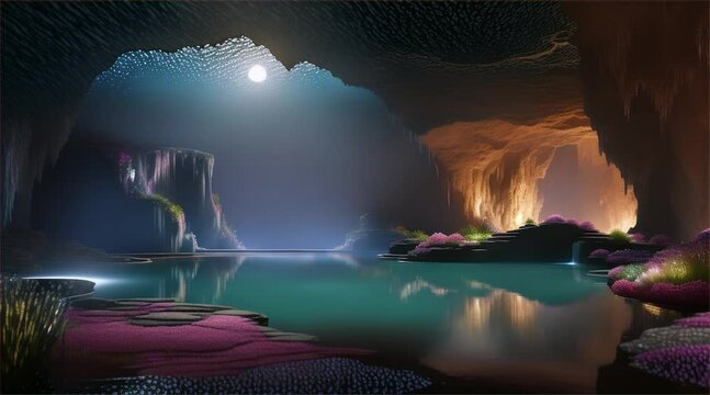 A lively scene in a cave under a starry sky. bright with colored lights Surrounded by tranquil nature with a backdrop of water, clouds, and the northern lights.
