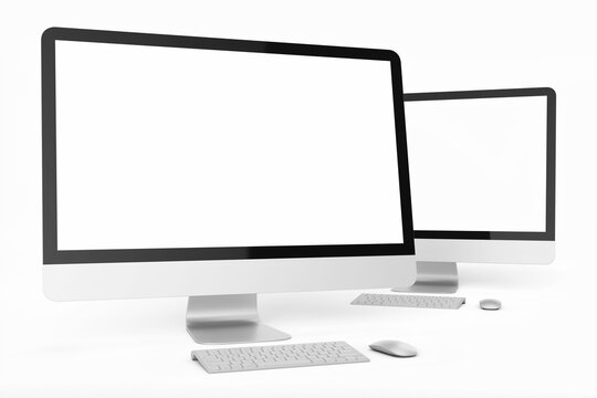two modern tech blank lcd responsive monitor screen display desktop computer device realistic mockup template with keyboard and mouse 3d render illustration isolated front view