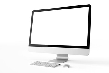 one modern tech blank lcd responsive monitor screen display desktop computer device realistic mockup template with keyboard and mouse 3d render illustration isolated perspective view