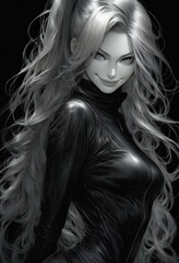 Illustration of a beautiful woman with long hair in a black dress