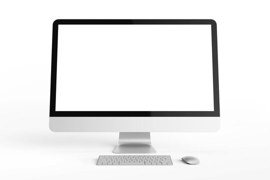 one modern tech blank lcd responsive monitor screen display desktop computer device realistic mockup template with keyboard and mouse 3d render illustration isolated front view