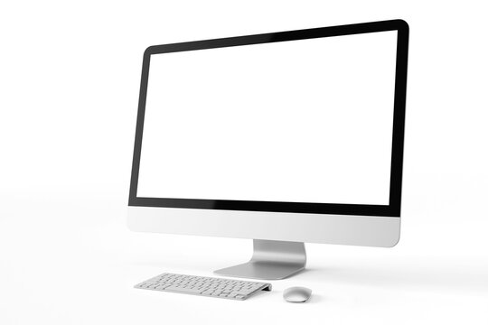 one modern tech blank lcd responsive monitor screen display desktop computer device realistic mockup template with keyboard and mouse 3d render illustration isolated perspective view