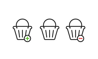 Shopping bucket add and remove icon vector design collection