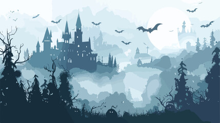 Halloween poster background. Foggy landscape with bat