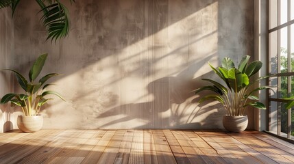 3D rendering of an empty wall mockup in a modern room with wooden floor and window, minimal interior design background. The room has sunlight and plants. 