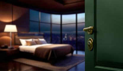 Half Opened door of hotel room with blurred luxury bedroom background