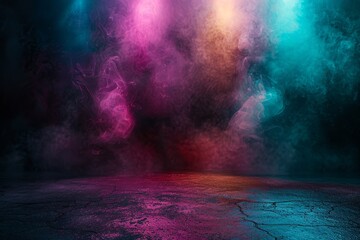 Abstract dark background, a spotlight illuminated the asphalt floor with colorful smoke and fog in a studio room. Empty scene for product presentation. In the style of a night club stage
