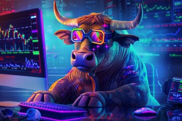 A cute bull with glasses is sitting at the computer and looking into a glowing neon trading chart. Colorful charts are on the screen 