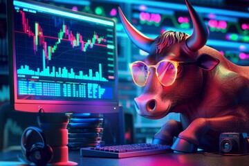 A cute bull with glasses is sitting at the computer and looking into a glowing neon trading chart. Colorful charts are on the screen 