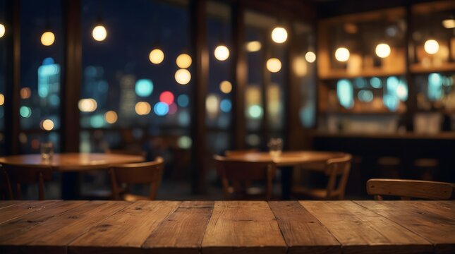 empty wooden table with blurred bokeh background of night cafe
