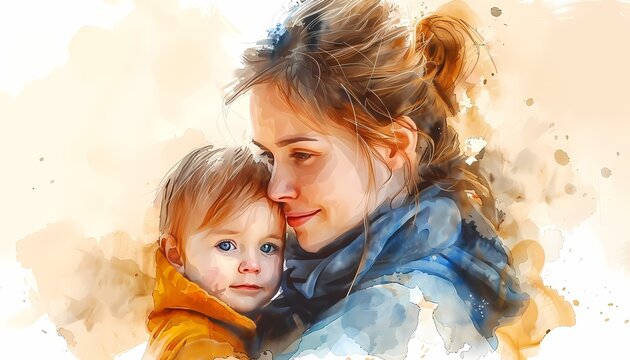 Mother hugging her baby  painting, beautiful artwork for Mother’s Day, wallpaper, background, wall art