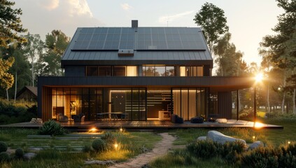 3d rendering of modern house with solar panels on roof and sun light. green energy concept, photovoltaic system for sustainable future