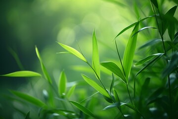 Green bamboo leaves in the forest, close up,  Nature background