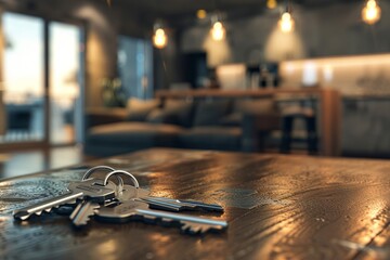 3D rendering of keys on a table in a modern apartment interior with a blurred living room and kitchen in the background. Close-up view, the focus is on the house keys. 