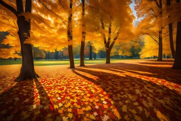 An idyllic park scene where multicolored maple leaves create a picturesque mosaic on the ground, framed by tall, golden trees bathed in warm sunlight